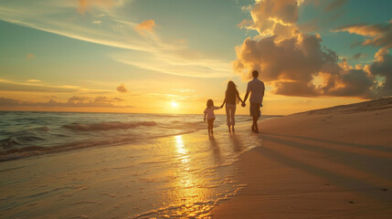 A family of three walks hand-in-hand along the beach at sunset, silhouettes illuminated by the golden hues of the sunset, reflecting off the water and sand, capturing a peaceful, bonding moment.