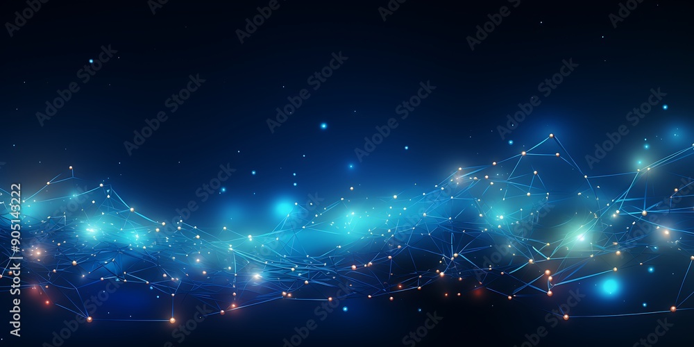 Poster abstract background with glowing,connections and dots forming an abstract wavy pattern on a dark bac