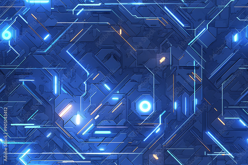 Poster abstract blue and neon green circuit board design with geometric shapes and lines, simulating a futu
