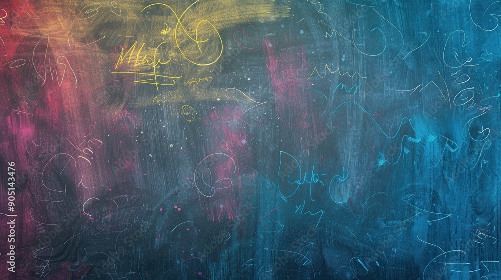 Poster a chalkboard displays vibrant spirals and abstract shapes, showcasing creativity and artistic expres