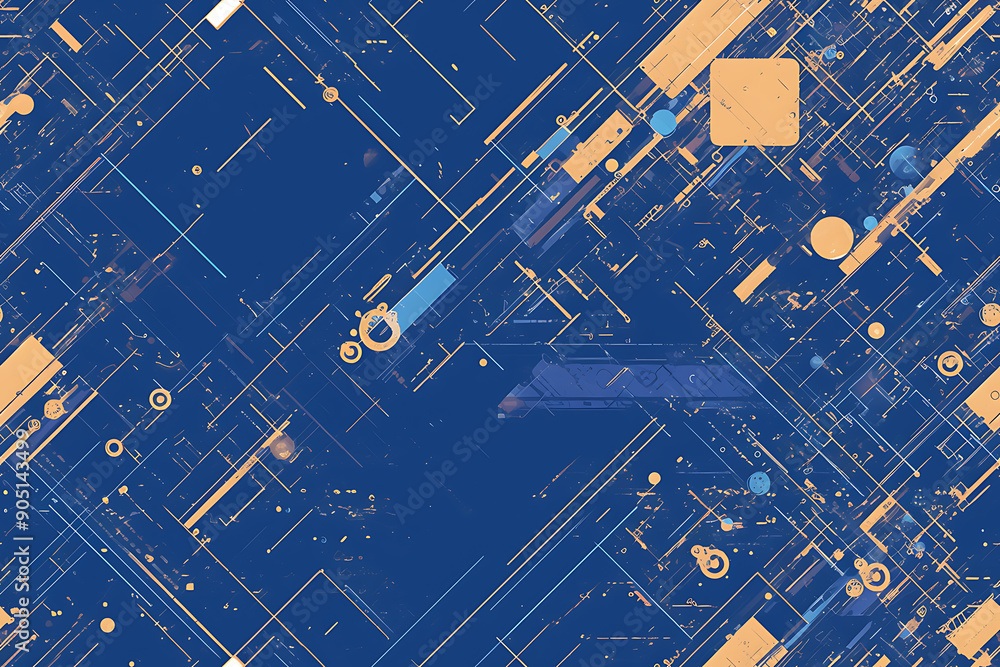 Poster abstract blue and neon green circuit board design with geometric shapes and lines, simulating a futu