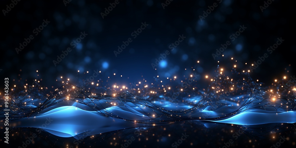 Poster abstract background with glowing,connections and dots forming an abstract wavy pattern on a dark bac