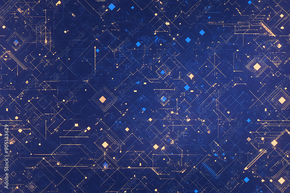 Poster abstract blue and neon green circuit board design with geometric shapes and lines, simulating a futu