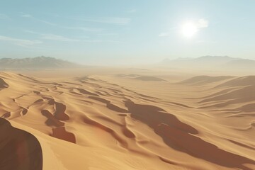 Arid Landscape with Rolling Sand Dunes and Distant Mountains