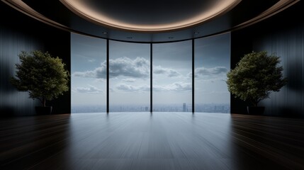 Fototapeta premium Modern, minimalist room with panoramic windows overlooking a cloudy sky. The room features dark walls and hardwood floors.