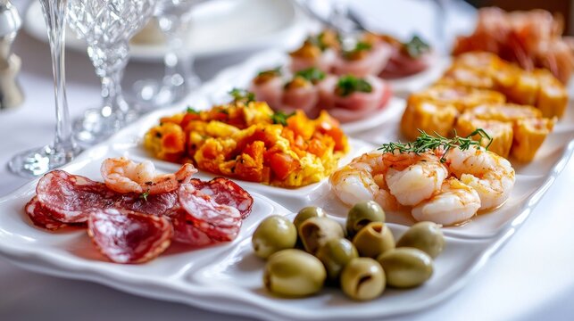 Variedad de aperitivos en un plato blanco, incluyendo camarones, aceitunas, salami, queso y verduras, servidos en un ambiente elegante.