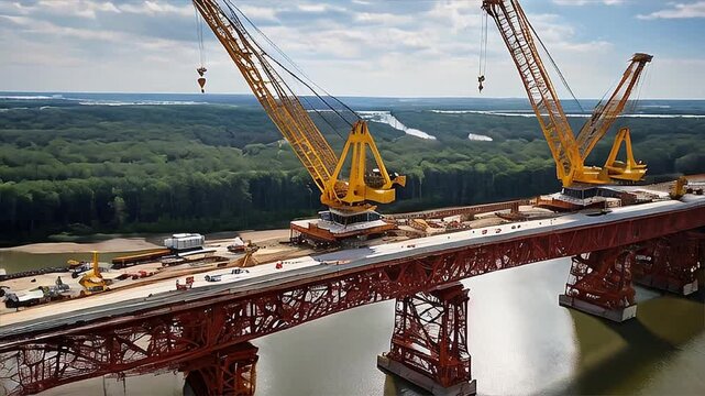 Under construction bridge with heavy machinery on it. 
