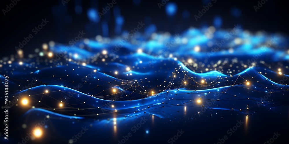Poster abstract background with glowing,connections and dots forming an abstract wavy pattern on a dark bac