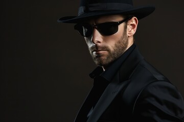 Mysterious Man in Black Suit and Hat Posing Under Dim Lighting