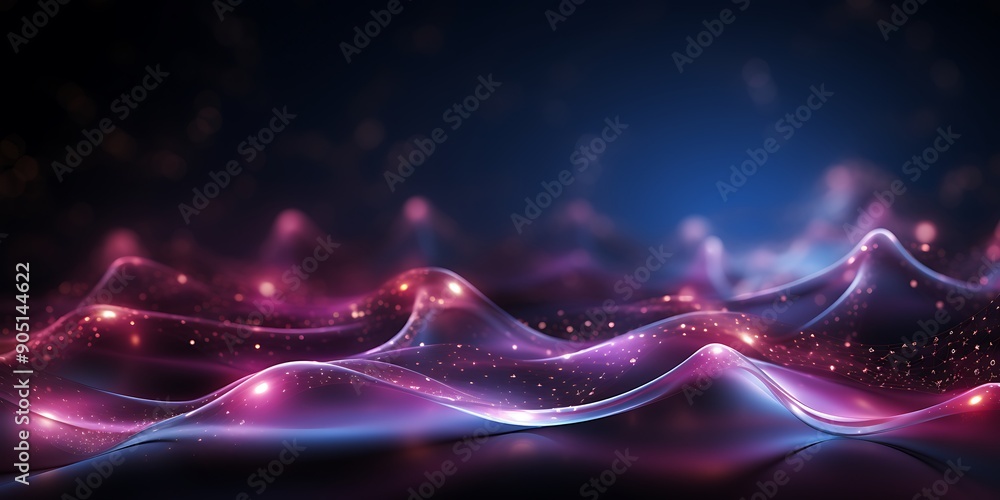 Poster abstract background with glowing,connections and dots forming an abstract wavy pattern on a dark bac