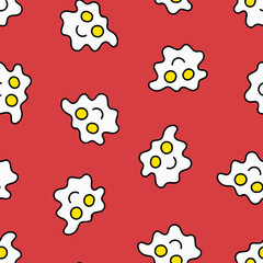 Fried Eggs Seamless Pattern. Doodle Fried Eggs Illustration on Red Background.