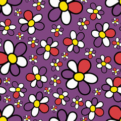Seamless Pattern with Doodle Hand Drawn Daisy Flower on Violet Background. Groovy Hippie 70s Digital Paper. Funny Cartoon Flower. Trendy Retro Psychedelic Cartoon Style. Stay groovy. Good vibes.