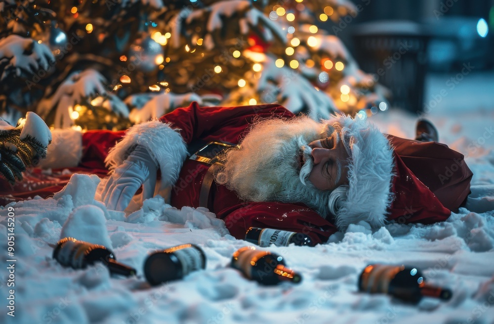 Poster a drunk santa lies in the snow under a christmas tree. empty bottles of alcoholic drinks are scatter