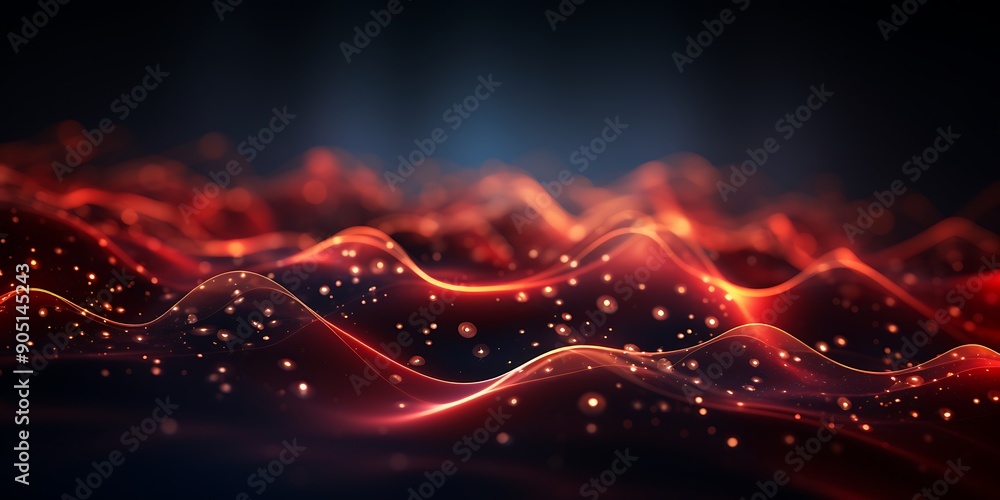 Poster abstract background with glowing,connections and dots forming an abstract wavy pattern on a dark bac