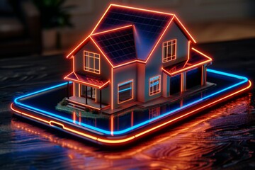 Neon-lit cozy cabin in a rustic setting combining warmth with a touch of modern lighting aesthetics.