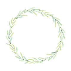 Watercolor Botanical illustration of olive leaves, branch wreath for wedding invitation and cards, logo design, web, social media and posters template. Elegant minimal style floral isolated.