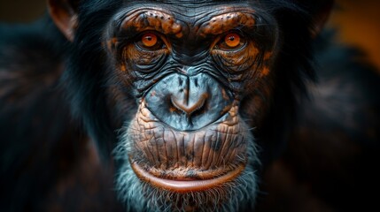 Naklejka premium Closeup wild chimpanzee looking at camera. Primate animal portrait on black background.
