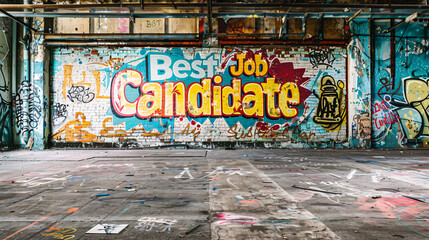 Obraz premium Graffiti art declaring top job candidate showcased on a brick wall in a deserted structure
