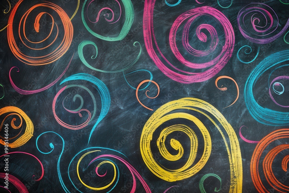 Poster a chalkboard displays vibrant spirals and abstract shapes created with colorful chalk, showcasing cr