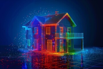 Neon blueprint of an eco-friendly house illustrating modern design strategies in vibrant colors.