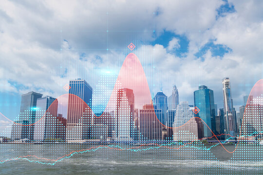 Cityscape with Digital Financial Graph Overlay on Cloudy Sky Background.