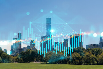 Digital financial graph over a city skyline with trees and clear sky.