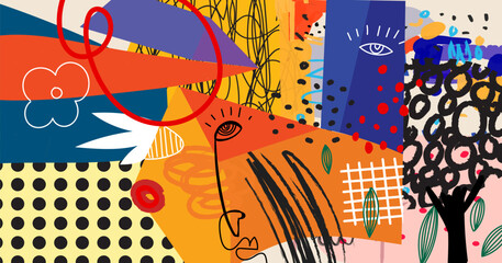 Colorful abstract grunge, rough hand drawn  geometric and shapes line art vector illustration background. Brushes, stroke pattern art work desif for mural, textile, fabric design. © Suryadi