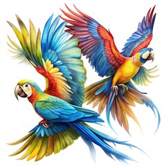 Obraz premium Set of Macaw parrots flying isolated on a white background.