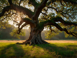 Fototapeta premium An ancient oak's thick, muscular roots gripping the vibrant earth in a sunlit meadow.
