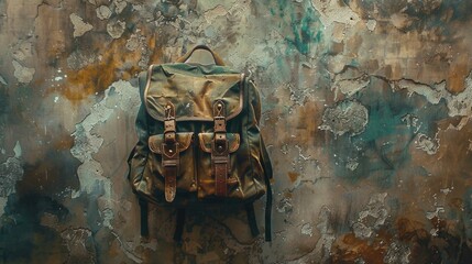 190. Waterproof Backpack, movie style, earth tones, watercolor pattern,aerial view, soft light, shadows, grain,