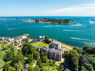 Brownsea Castle on Brownsea Island from a drone, Poole, Dorset, England
