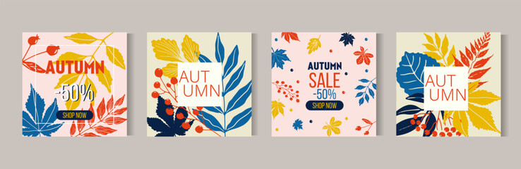 Autumn Sale background, banner, or flyer design. Set of posters with leaves frame. Template for advertising, web, social media