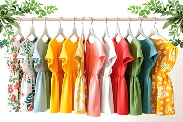 Colorful Summer Dresses on Wooden Hangers in Botanical Setting - Fashion Display for Clothing Store Decor, Poster, Print