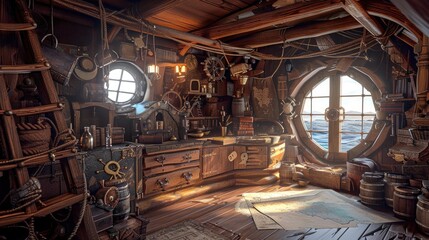 Fototapeta premium Detailed pirate ship cabin interior with wooden walls, a treasure map, ocean view, and various adventure-themed items.