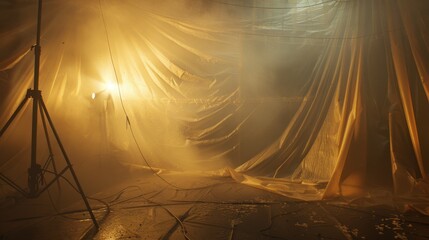 192. Tarp Setup, movie style, complementary colors, geometric pattern, low angle, ambient light, particles, fog,