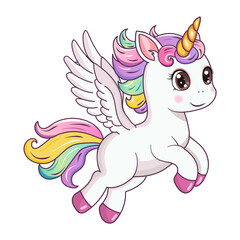 A cute unicorn with wings. A hand-drawn pony with a golden horn. The magical horse Pegasus.