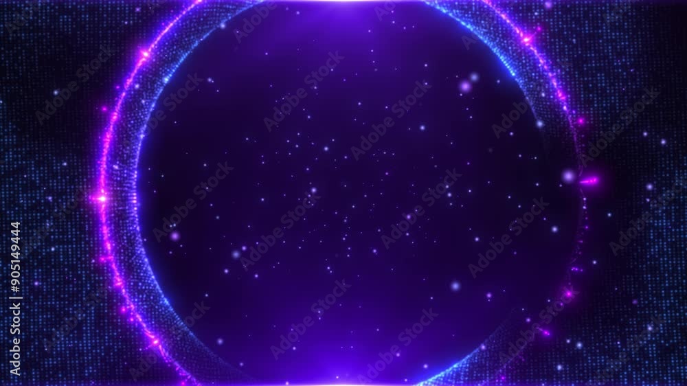 Poster Abstract neon round particles frame. Beautiful flying glowing glitter particles or bokeh. A sphere emitting light particles. Seamless looping 4k video.