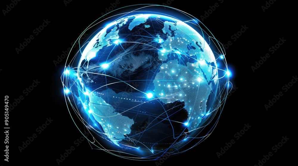 Poster digital globe featuring a blue connection network, highlighting global communication concepts.