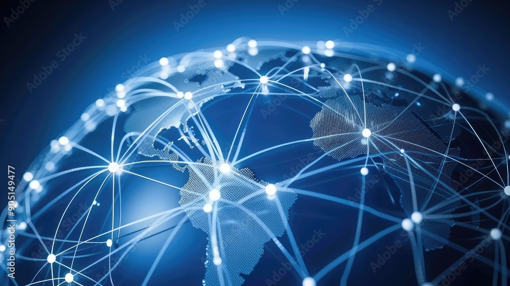 Poster digital globe featuring a blue connection network, highlighting global communication concepts.