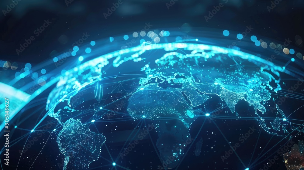 Poster digital globe with a blue connection network shining across the continents, representing global comm