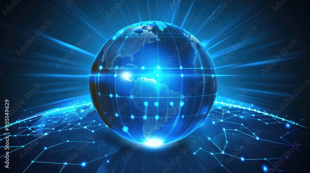 Poster digital globe with a blue connection network shining across the continents, representing global comm