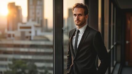 Fototapeta premium A young businessman in a black suit stands by a window overlooking a city, exuding confidence and contemplation in the warm light of sunrise or sunset.