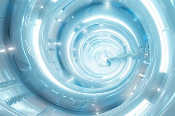 Futuristic white and blue light tunnel with circular design, surreal and abstract concept