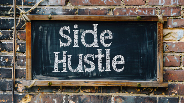 Handwritten side hustle concept on a blackboard against a brick wall