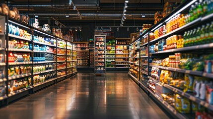 Well-stocked grocery store aisle with various food products