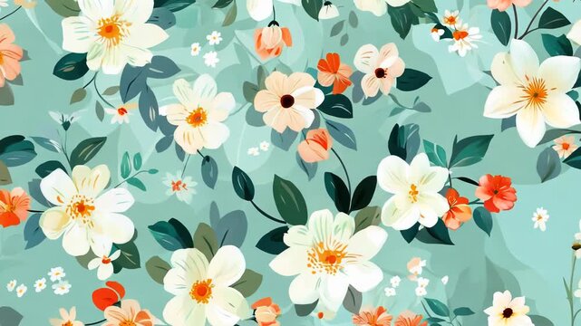 Floral pattern with blooming flowers and greenery, Watercolor style.