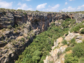 A typical Mediterranean vegetation including malang, carob and other maquis plants at the bottom of the Paradise Sinkhole in the touristic site called Cennet-Cehennem caves