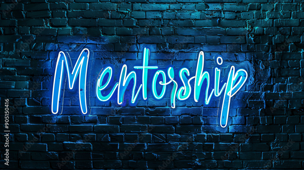 Poster blue and turquoise neon sign spelling the word mentorship is mounted on a dark brick wall, creating 