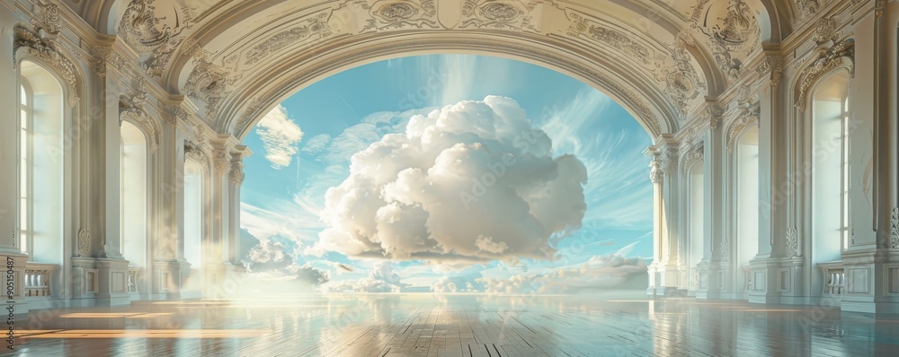 Poster surreal cloud floating inside a grand classical hall with ornate architecture