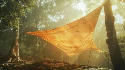 192. Tarp Setup, movie style, complementary colors, geometric pattern, low angle, ambient light, particles, fog,